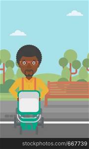An african-american young father walking with baby stroller in the park. Father walking with his baby in stroller. Father pushing baby stroller. Vector flat design illustration. Vertical layout.. Father walking with baby stroller.
