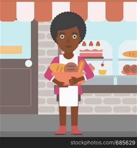 An african-american young female baker holding basket with bakery products. Female baker standing in front of bakery. Baker with bowl full of bread. Vector flat design illustration. Square layout.. Baker holding basket with bakery products.