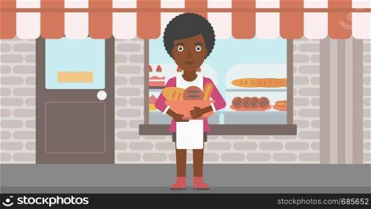 An african-american young female baker holding basket with bakery products. Female baker standing in front of bakery. Baker with bowl full of bread. Vector flat design illustration. Horizontal layout.. Baker holding basket with bakery products.