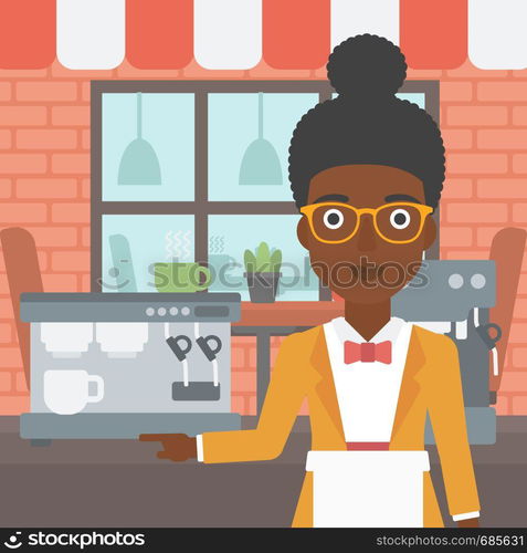 An african-american young female barista sanding in front of coffee machine. Barista at coffee shop. Professional barista making a cup of coffee. Vector flat design illustration. Square layout.. Barista standing near coffee machine.