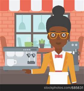An african-american young female barista sanding in front of coffee machine. Barista at coffee shop. Professional barista making a cup of coffee. Vector flat design illustration. Square layout.. Barista standing near coffee machine.