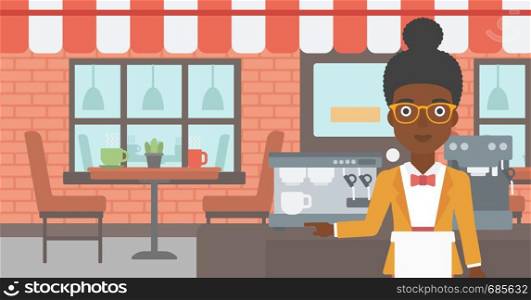 An african-american young female barista sanding in front of coffee machine. Barista at coffee shop. Professional barista making a cup of coffee. Vector flat design illustration. Horizontal layout.. Barista standing near coffee machine.