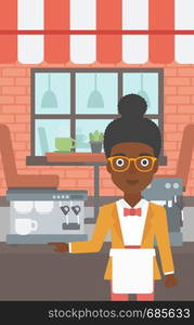 An african-american young female barista sanding in front of coffee machine. Barista at coffee shop. Professional barista making a cup of coffee. Vector flat design illustration. Vertical layout.. Barista standing near coffee machine.