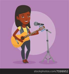 An african-american young guitar player singing song and playing an acoustic guitar. Singer singing into a microphone and playing an acoustic guitar. Vector flat design illustration. Square layout.. Woman singing in microphone and playing guitar.