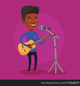 An african-american young guitar player singing song and playing an acoustic guitar. Singer singing into a microphone and playing an acoustic guitar. Vector flat design illustration. Square layout.. Man singing in microphone and playing guitar.