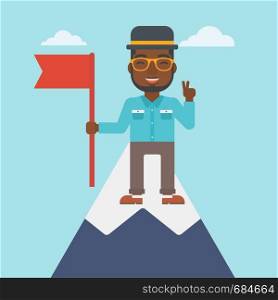 An african-american young happy businessman holding a red flag on the top of the mountain. Successful business concept. Vector flat design illustration. Square layout.. Cheerful leader businessman vector illustration.