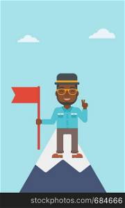An african-american young happy businessman holding a red flag on the top of the mountain. Successful business concept. Vector flat design illustration. Vertical layout.. Cheerful leader businessman vector illustration.