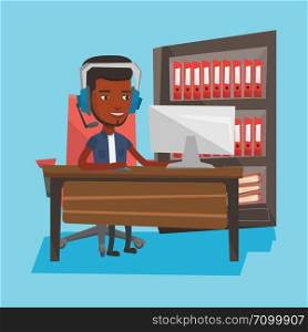 An african-american young happy man using computer for playing games. Cheerful man in headphones playing online games. Man playing computer games. Vector flat design illustration. Square layout.. Man playing computer game vector illustration.