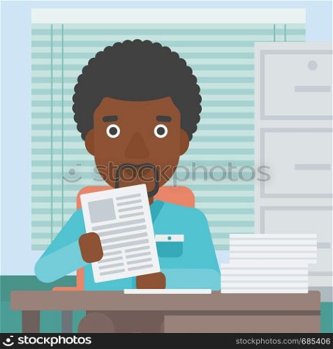 An african-american young human resources manager reading application portfolios in the office. Concept of recruitment of staff, job interview. Vector flat design illustration. Square layout.. HR manager checking files vector illustration.