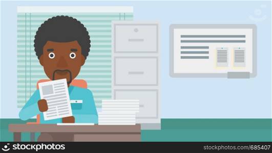 An african-american young human resources manager reading application portfolios in the office. Concept of recruitment of staff, job interview. Vector flat design illustration. Horizontal layout.. HR manager checking files vector illustration.