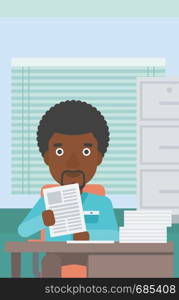 An african-american young human resources manager reading application portfolios in the office. Concept of recruitment of staff, job interview. Vector flat design illustration. Vertical layout.. HR manager checking files vector illustration.