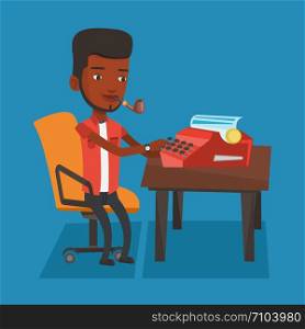 An african-american young journalist writing an article on a vintage typewriter. Concentrated journalist working on retro typewriter and smoking pipe. Vector flat design illustration. Square layout.. Journalist working on retro typewriter.