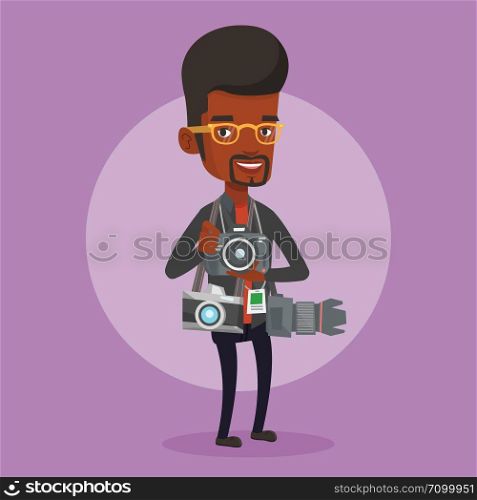 An african-american young male photographer with many photo cameras equipment. Paparazzi using many cameras. Journalist working with many cameras. Vector flat design illustration. Square layout.. Photographer taking photo vector illustration.