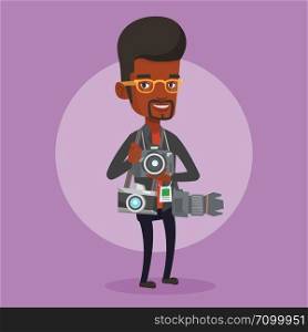 An african-american young male photographer with many photo cameras equipment. Paparazzi using many cameras. Journalist working with many cameras. Vector flat design illustration. Square layout.. Photographer taking photo vector illustration.