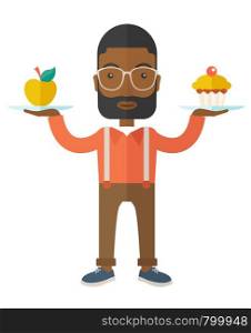 An african-american young man carries with his two hands cupcake and apple as his balance diet. A Contemporary style. Vector flat design illustration isolated white background. Vertical layout. Man carries with his two hands cupcake and apple.