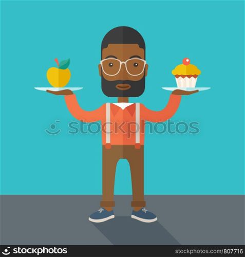 An african-american young man carries with his two hands cupcake and apple as his balance diet. A contemporary style with pastel palette dark blue tinted background. Vector flat design illustration. Square layout. . Man carries with his two hands cupcake and apple.