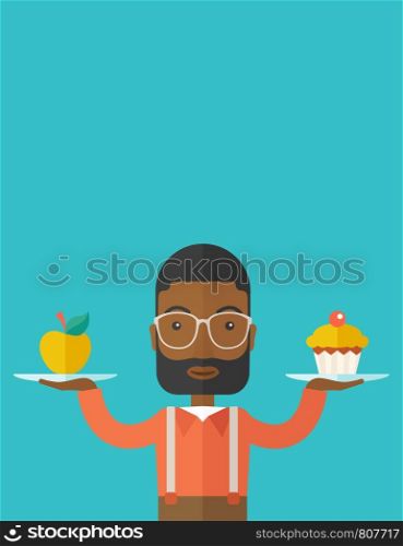 An african-american young man carries with his two hands cupcake and apple as his balance diet. A contemporary style with pastel palette dark blue tinted background. Vector flat design illustration. Vertical layout with text space on top part.. Man carries with his two hands cupcake and apple.