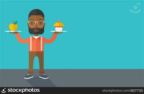 An african-american young man carries with his two hands cupcake and apple as his balance diet. A contemporary style with pastel palette dark blue tinted background. Vector flat design illustration. Horizontal layout with text space in right side.. Man carries with his two hands cupcake and apple.