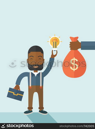 An african-american young man exchange his hand with idea bulb to hand of money bag. Exchanging concept. A contemporary style with pastel palette soft blue tinted background. Vector flat design illustration. vertical layout with text space on top part.. African-american young man with his bag and bulb.