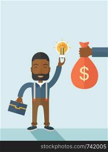An african-american young man exchange his hand with idea bulb to hand of money bag. Exchanging concept. A contemporary style with pastel palette soft blue tinted background. Vector flat design illustration. vertical layout with text space on top part.. African-american young man with his bag and bulb.