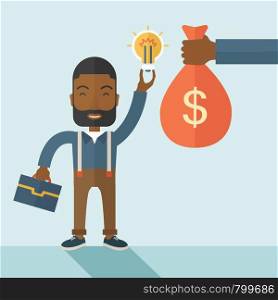 An african-american young man exchange his hand with idea bulb to hand of money bag. Exchanging concept. A contemporary style with pastel palette soft blue tinted background. Vector flat design illustration. Square layout. African-american young man with his bag and bulb.