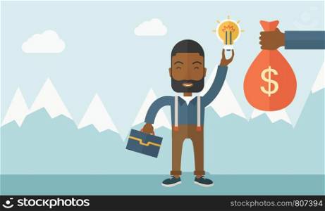 An african-american young man exchange his hand with idea bulb to hand of money bag. Exchanging concept. A contemporary style with pastel palette soft blue tinted background with desaturated clouds. Vector flat design illustration. Horizontal layout. African-american young man with his bag and bulb.
