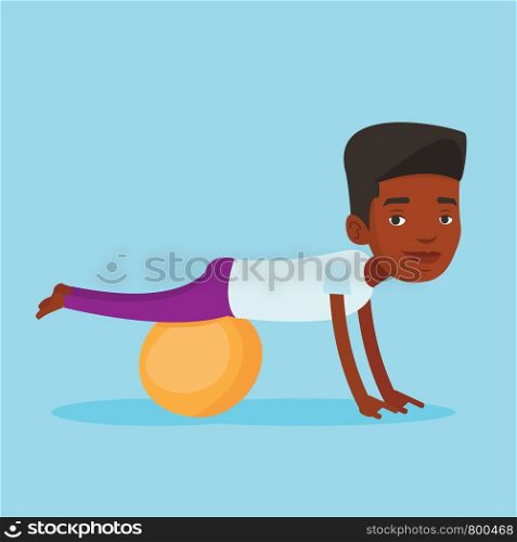 An african-american young man exercising with fitball. Man training triceps and biceps while doing push ups on fitball. Man doing exercises on fitball. Vector flat design illustration. Square layout. Young man exercising with fitball.