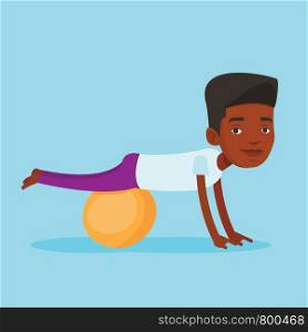 An african-american young man exercising with fitball. Man training triceps and biceps while doing push ups on fitball. Man doing exercises on fitball. Vector flat design illustration. Square layout. Young man exercising with fitball.