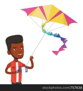 An african-american young man flying a colourful kite outdoors. Happy man walking with kite. Cheerful man playing with kite. Vector flat design illustration isolated on white background.. Young man flying kite vector illustration.