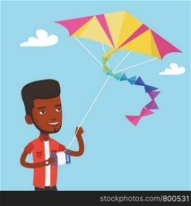 An african-american young man flying a colourful kite outdoors. Happy man walking with kite. Cheerful man playing with kite. Vector flat design illustration. Square layout.. Young man flying kite vector illustration.