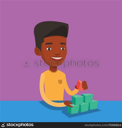 An african-american young man making pyramid of network avatars. Smiling man building her social network. Network and communication concept. Vector flat design illustration. Square layout.. Man building pyramid of network avatars.