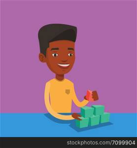 An african-american young man making pyramid of network avatars. Smiling man building her social network. Network and communication concept. Vector flat design illustration. Square layout.. Man building pyramid of network avatars.