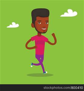 An african-american young man running. Happy male runner jogging. Full length of a smiling female athlete running. Sportsman in sportswear running. Vector flat design illustration. Square layout.. Young man running vector illustration.