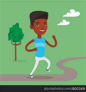 An african-american young man running. Happy male sporty runner running outdoors. Smiling sportswoman running in the park. Healthy lifestyle concept. Vector flat design illustration. Square layout.. Young man running vector illustration.