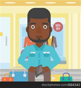 An african-american young man showing his wallet purse on the background of showcase of a store. Vector flat design illustration. Square layout.. Man showing epmty wallet vector illustration.