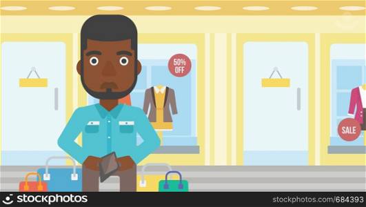 An african-american young man showing his wallet purse on the background of showcase of a store. Vector flat design illustration. Horizontal layout.. Man showing epmty wallet vector illustration.