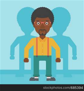 An african-american young man standing with some shadows behind him. Candidat for a position stand out from crowd. Concept of staff recruitment. Vector flat design illustration. Square layout.. Man searching for job vector illustration.