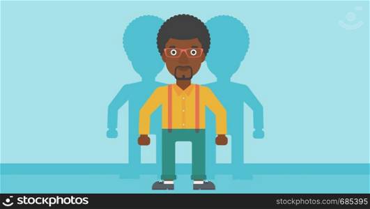 An african-american young man standing with some shadows behind him. Candidat for a position stand out from crowd. Concept of staff recruitment. Vector flat design illustration. Horizontal layout.. Man searching for job vector illustration.
