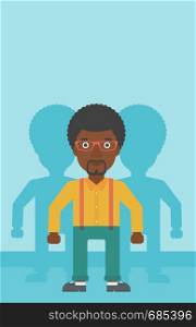 An african-american young man standing with some shadows behind him. Candidat for a position stand out from crowd. Concept of staff recruitment. Vector flat design illustration. Vertical layout.. Man searching for job vector illustration.