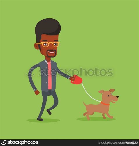 An african-american young man with his pet. Happy man taking dog on walk. Man walking with his small dog. Smiling guy walking a dog on leash. Vector flat design illustration. Square layout.. Young man walking with his dog vector illustration