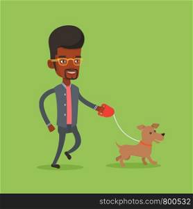 An african-american young man with his pet. Happy man taking dog on walk. Man walking with his small dog. Smiling guy walking a dog on leash. Vector flat design illustration. Square layout.. Young man walking with his dog vector illustration