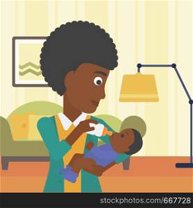 An african-american young mother feeding baby boy with a milk bottle. Mother feeding newborn baby at home. Baby boy drinking milk from bottle. Vector flat design illustration. Square layout.. Mother feeding baby vector illustration.