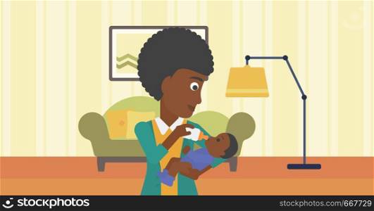 An african-american young mother feeding baby boy with a milk bottle. Mother feeding newborn baby at home. Baby boy drinking milk from bottle. Vector flat design illustration. Horizontal layout.. Mother feeding baby.