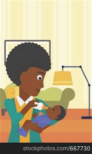 An african-american young mother feeding baby boy with a milk bottle. Mother feeding newborn baby at home. Baby boy drinking milk from bottle. Vector flat design illustration. Vertical layout.. Mother feeding baby.