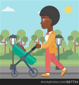 An african-american young mother walking with baby stroller in the park. Mother walking with her baby in stroller. Mother pushing baby stroller. Vector flat design illustration. Square layout.. Mother walking with her baby in stroller.