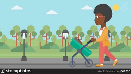 An african-american young mother walking with baby stroller in the park. Mother walking with her baby in stroller. Mother pushing baby stroller. Vector flat design illustration. Horizontal layout.. Mother walking with her baby in stroller.