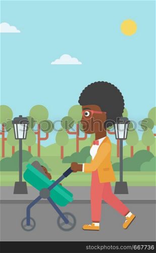 An african-american young mother walking with baby stroller in the park. Mother walking with her baby in stroller. Mother pushing baby stroller. Vector flat design illustration. Vertical layout.. Mother walking with her baby in stroller.