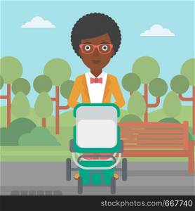 An african-american young mother walking with baby stroller in the park. Mother walking with her baby in stroller. Mother pushing baby stroller. Vector flat design illustration. Square layout.. Mother walking with baby stroller.