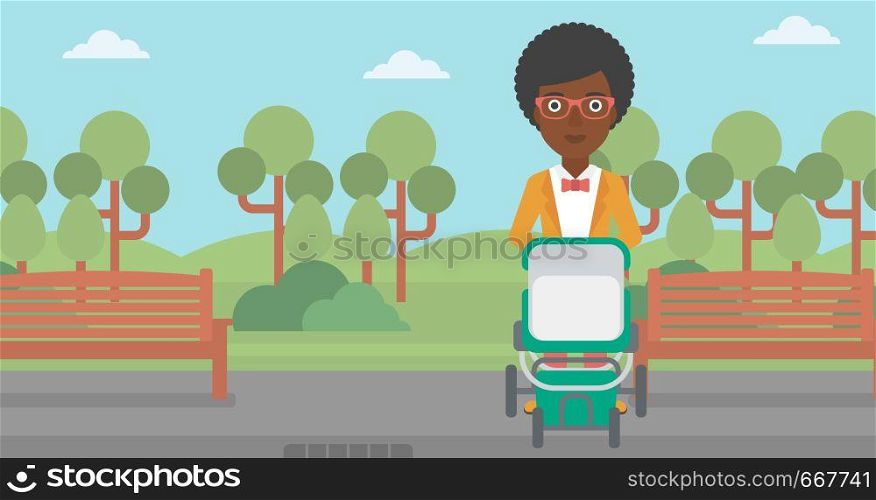 An african-american young mother walking with baby stroller in the park. Mother walking with her baby in stroller. Mother pushing baby stroller. Vector flat design illustration. Horizontal layout.. Mother walking with baby stroller.