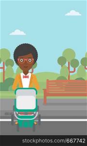 An african-american young mother walking with baby stroller in the park. Mother walking with her baby in stroller. Mother pushing baby stroller. Vector flat design illustration. Vertical layout.. Mother walking with baby stroller.